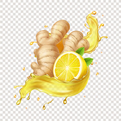 Ginger tea splash. Ginger root, lemon realistic in yellow splashing tea or ale Vector illustration