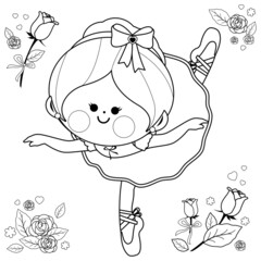 Beautiful ballerina girl dancing. Vector black and white coloring page.