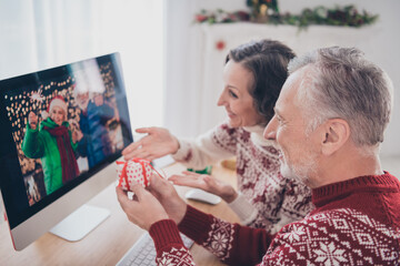 Sticker - Profile photo of cool couple elder lady man sit hold present wear sweater at home