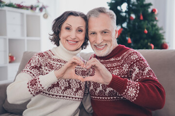 Poster - Photo of lovely couple elder lady man show heart wear warm sweater sit at home