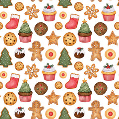 Watercolor Christmas digital paper with cupcakes, gingerbread man and other cookies. Repeatable seamless pattern for fabric, textile, wallpaper, allover print, gift wrap, packing and more.