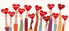 Raised Arms And Hands Of Multi-ethnic People From Different Nations And Continents Holding Heart With Text -thank You- In Various International Languages.Communication.Equality. Allyship