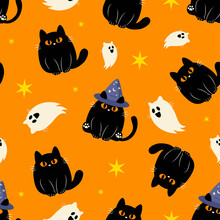 Cute Halloween Fluffy Black Cat Seamless Pattern Background Vector Design