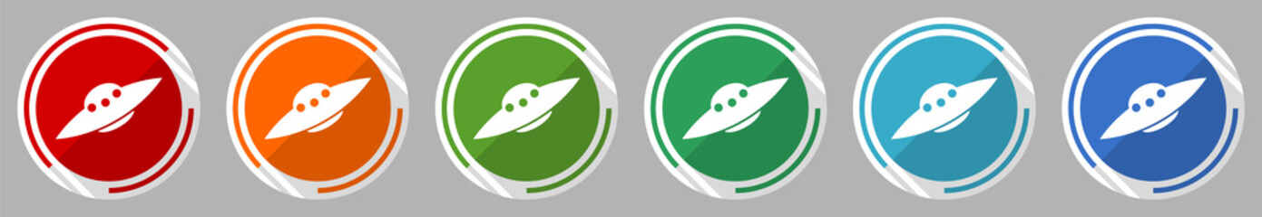 Poster - Ufo, alien spaceship icon set, vector illustration in 6 colors options for webdesign and mobile applications, flat design symbol