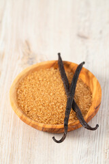 Poster - vanilla sugar in a wooden bowl