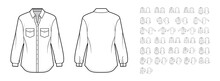 Set Of Shirts Classic Technical Fashion Illustration With Long Sleeves In Different Position, Button Closure. Flat Apparel Top Outwear Template Front, Back, White Color. Women, Men, Unisex CAD Mockup