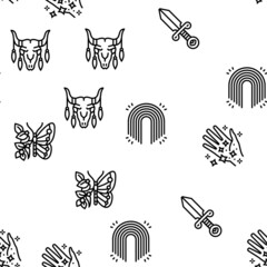 Boho Style Decoration Vector Seamless Pattern Thin Line Illustration