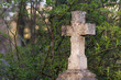 
Catholic cemetery. A stone cross surrounded by a bush.. All Saints' Day. 
Background with trees and bushes.