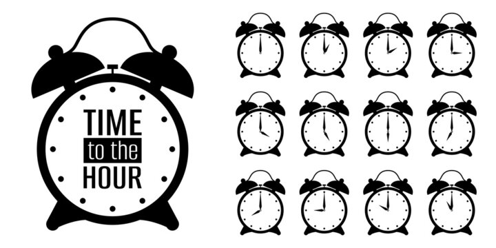 Wall Mural - Time to the every hour of the clock. Set black alarm clocks icon, sign, symbol isolated on white background. Vector illustration
