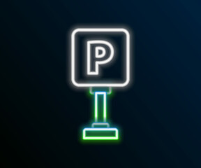 Sticker - Glowing neon line Parking icon isolated on black background. Street road sign. Colorful outline concept. Vector