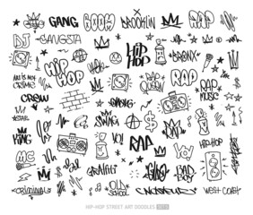 Hip-Hop graffiti doodle set and street art tags vector icons collection. Rap and hip-hop grunge elements for pattern and tee print design. Isolated on white