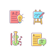 Sticker - Variety of subjects in school RGB color icons set. Art classes. Music education. Learning foreign languages. Financial literacy. Isolated vector illustrations. Simple filled line drawings collection