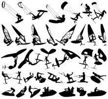 People Who Play Different Water Sports Vector Silhouette Collection