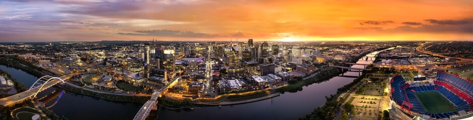 Wall Mural - nashville skyline with braodway and sunset
