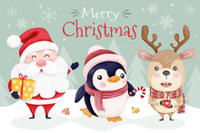 Watercolor Christmas Card With Cute Santa And Friends 