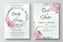 Wedding Invitation Template With Watercolor Hydrangea And Roses Flowers