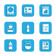 Sticker - Set Bottle of water, Pour over coffee maker, Newspaper and, Coffee book, with milk, cup, filter and Electronic scales icon. Vector