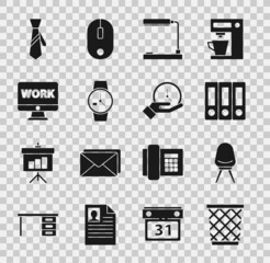 Sticker - Set Trash can, Office chair, folders, Table lamp, Wrist watch, Monitor with text work, Tie and Clock icon. Vector