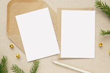 Set Of Two Christmas Cards Mockup, Note Card, Postcard Mock Up For Design Presentation, Composition With Brown Kraft Paper Envelopes And Fir Tree Branches.