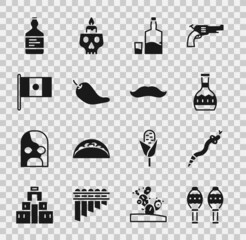 Poster - Set Maracas, Snake, Tequila bottle, and glass, Hot chili pepper pod, Mexico flag, and Mustache icon. Vector