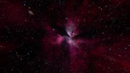 Flying through space stars  galaxy and clouds nebula at high speed. Animation Space exploration through outer space towards glowing galaxy