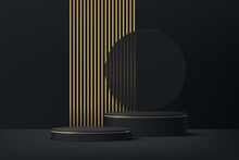 Black And Gold Geometric Pedestal Podium With Luxury Golden Pillar And Circle Backdrop. Vector Abstract Studio Room With 3D Platform. Minimal Scene For Cosmetic Products. Showcase, Promotion Display.