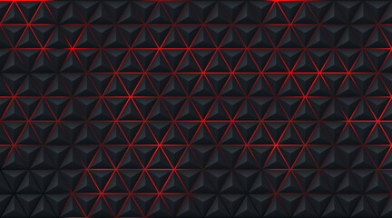 Wall Mural - Abstract geometric triangle 3D pattern on red, black blurred background in technology style. Modern futuristic pyramid shape pattern design. Can use for cover template, poster. Vector illustration