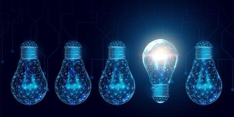 Wall Mural - wireframe polygonal lightbulbs. internet technology network, business idea concept with glowing low 