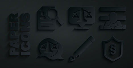 Sticker - Set Fountain pen nib, Prisoner, Scales of justice, Justice law shield, and Paper analysis magnifying icon. Vector