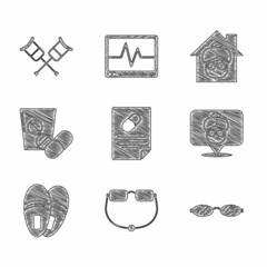 Sticker - Set Medical prescription, Eyeglasses, Nursing home, Slippers, Medicine pill or tablet, and Crutch crutches icon. Vector