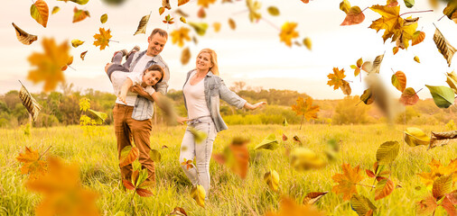 Wall Mural - happy beautiful family of five on a walk in the autumn against the background of yellow leaves