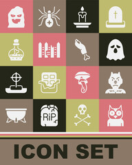 Sticker - Set Owl bird, Krampus, heck, Ghost, Burning candle, Garden fence wooden, Bottle with potion, Funny scary ghost mask and Zombie finger icon. Vector