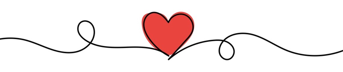 Heart line art drawing vector background. Continuous one line design template. Valentines day. Love symbol. Outline ribbon with red heart vector illustration. 