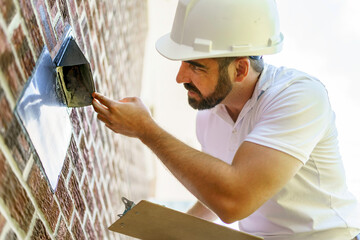 Wall Mural - man with a white hard hat holding a clipboard, inspect house