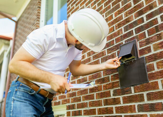 Wall Mural - man with a white hard hat holding a clipboard, inspect house