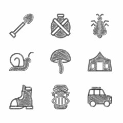 Sticker - Set Mushroom, Mexican mayan or aztec mask, Car, Tourist tent, Hunter boots, Snail, Mosquito and Shovel icon. Vector