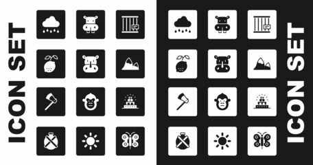 Poster - Set Animal cage, Rhinoceros, Lemon, Cloud with rain, Mountains, Hippo or Hippopotamus, Chichen Itza Mayan and Wooden axe icon. Vector