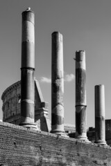 Wall Mural - Black and white photo of ancient roman pillars in ruins, standing in front of Coliseum´s exterior facade