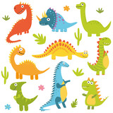 Fototapeta Dinusie - Funny collection of dinosaur cartoons. 