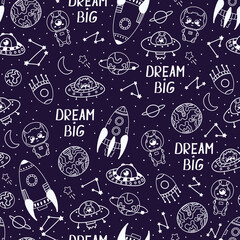 Doodle galaxy themed pattern with spaceships, planets, dream big lettering, alien cute monsters for children bedding