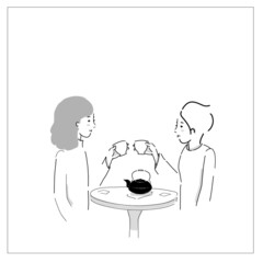 Female friends drinking tea together at cafe vector flat illustration. Smiling woman gossiping spending time at cafeteria isolated. People enjoying coffee break in public place sitting at table