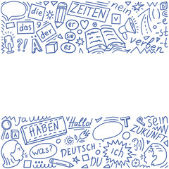 Wall Mural - German language doodle border. Translation of words from doodle: German, the, he, she, it, me, have, times, be, future, hello, verb, you, no, what