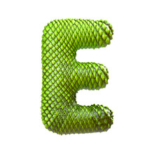 Alphabet Letter E Made Of Green Dragon Skin Isolated On White Background. 3d Render Lizard Symbol.