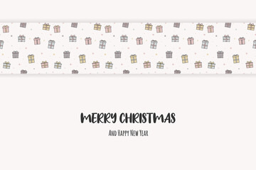  Christmas card with wishes. Xmas concept with boxes of presents. Vector