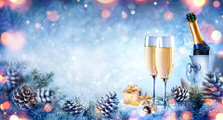 Wall Mural - christmas celebration with champagne - flutes on snow with fir branch and bokeh