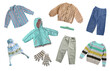 Child's fashion autumn clothes set. Knitted cardigan,shirt trousers isolated on white. Winter collection boy's clothing.