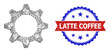 Net mesh gearwheel carcass icon, and bicolor textured Latte Coffee seal stamp. Flat frame created from gearwheel icon and crossed lines. Vector watermark with scratched bicolored style,