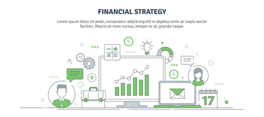 Modern thin line design for financial strategy website banner. Vector illustration concept for business strategy analysis, financial data analysis,  financial business, business communication.