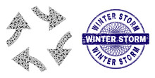 Fractal Mosaic Swirl Arrows And Winter Storm Round Grunge Stamp Seal. Violet Stamp Includes Winter Storm Text Inside Circle And Guilloche Decoration.