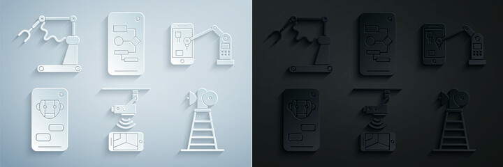Set Wireless Controlling CCTV security camera, Industrial machine robotic robot arm hand, Bot, Antenna, Algorithm and factory icon. Vector